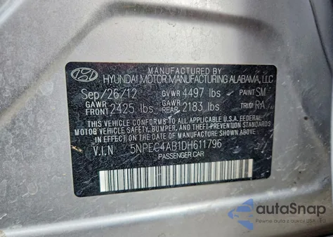 2013 Hyundai Sonata Se z USA, uszkodzony, nr VIN 5NPEC4AB1DH611796